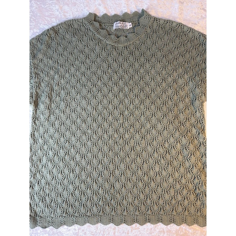 Vintage Cuddle Knit Sweater Womens L‎ Green Open Knit Scalloped Cottagecore